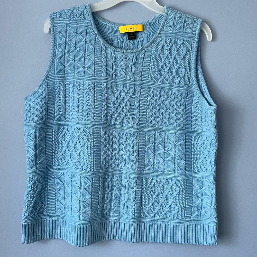 St John Wool Cable Knit Blue Shell Sweater Vest Large